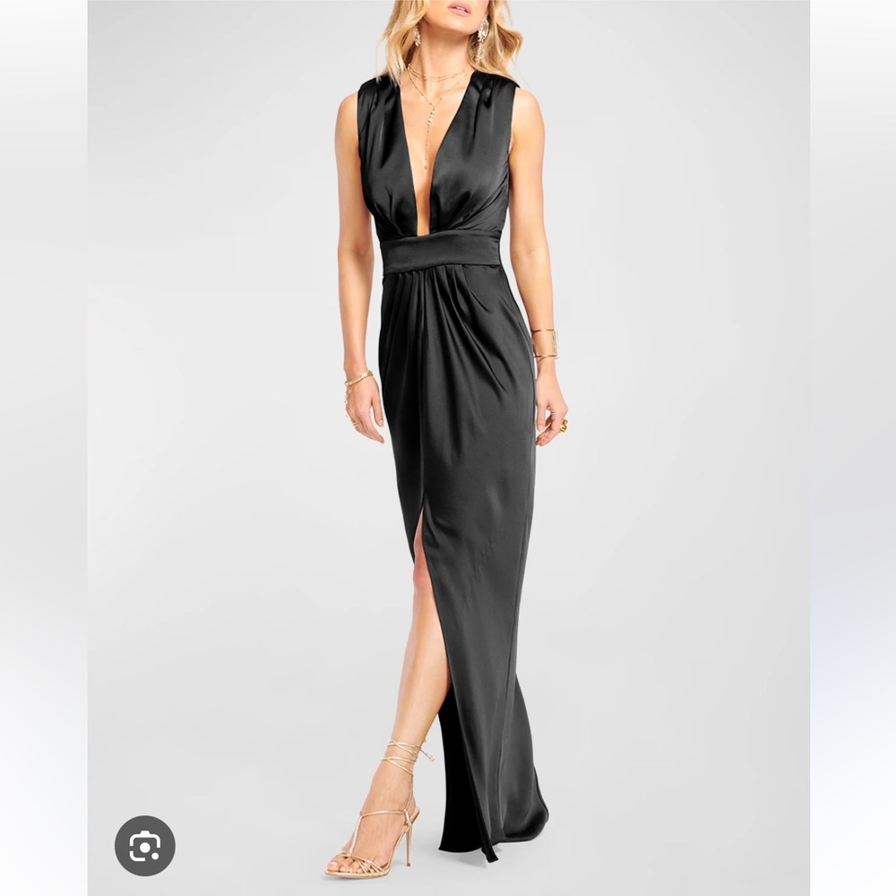 Ramy Brook Quinn Pleated Deep V-Neck Elegant Black Satin Evening Gown Size 2